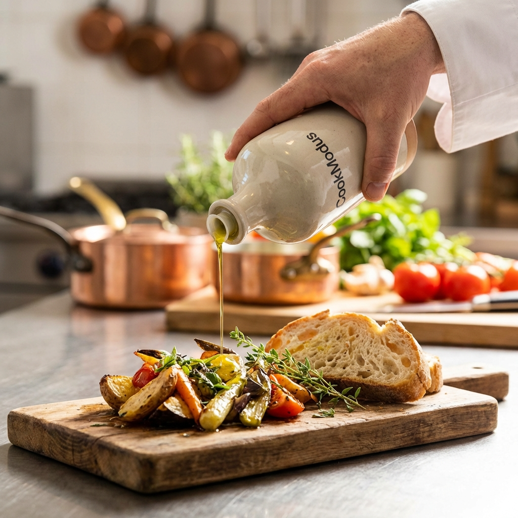 Keukenscene met pannen en verse ingrediënten op het fornuis